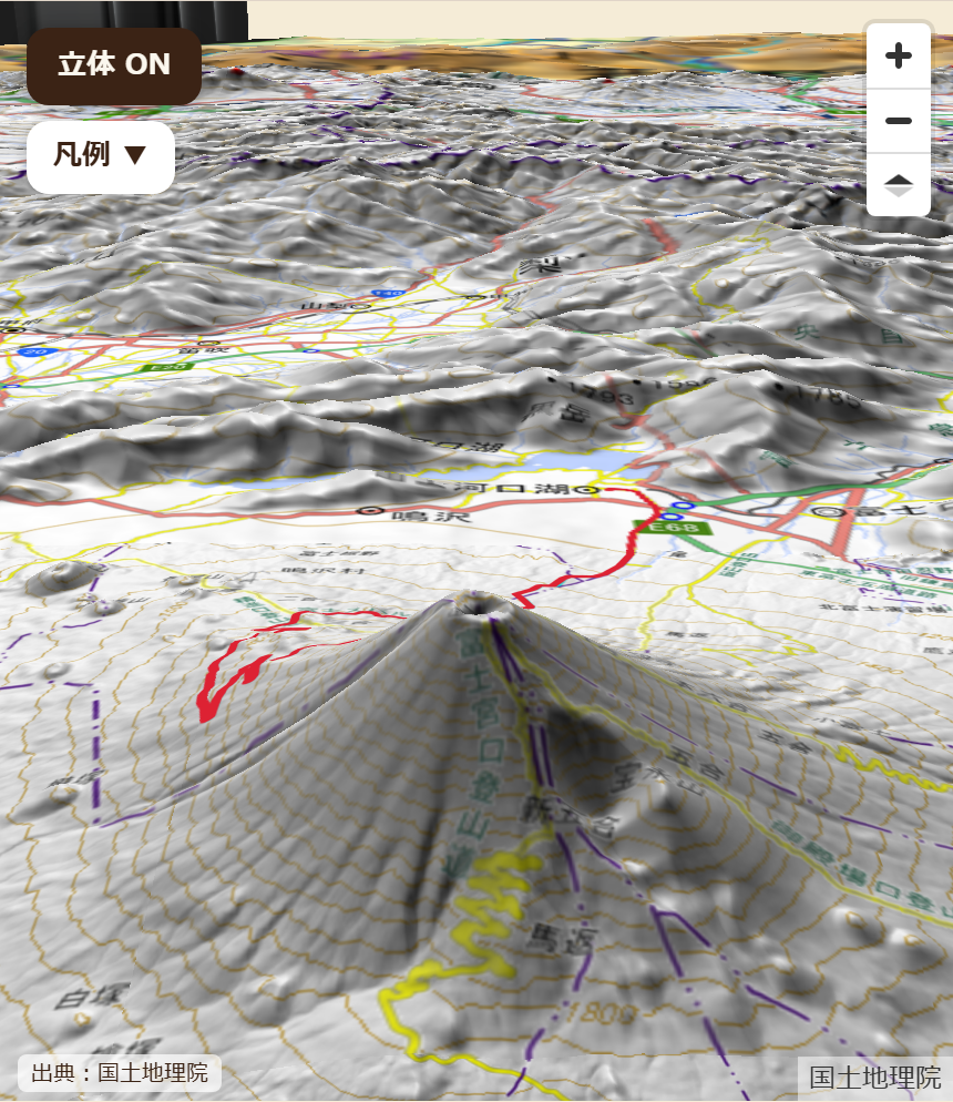 立体地形マップの3D表示。富士山周辺の起伏とルートを立体で確認できる(地図・標高の出典:国土地理院)